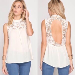 Open Back Sleeveless Top W Crochet Lace Detail